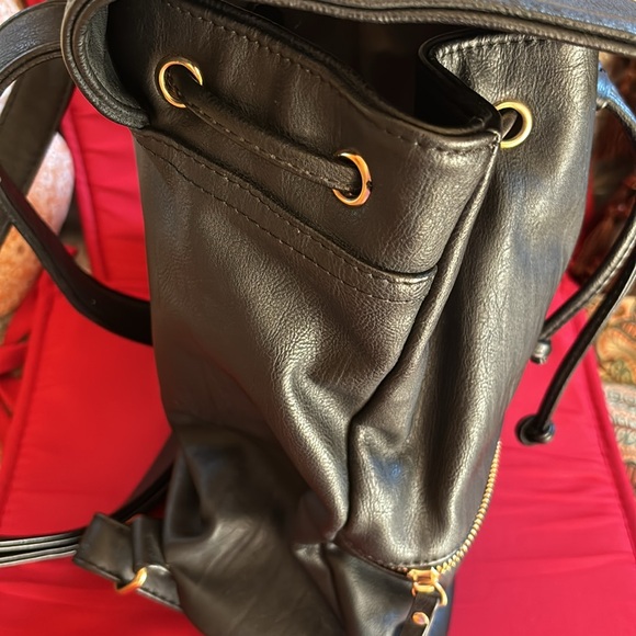 HYNES VICTORY Black Faux Leather Drawstring Backpack - 12" x 13" - Picture 6 of 12